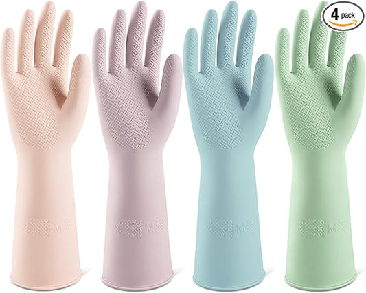 ThxToms 4 Pairs Reusable Rubber Gloves, 13" Natural Latex, 10mil Thick Heavy Duty Dishwashing & Cleaning Gloves, Non-Slip Grip, Multi-Color, Ideal for Kitchen, Bathroom, Car, & Garden Cleaning, Large