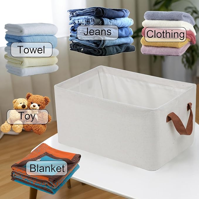 4 Pcs Fabric Storage Bins, Organization Baskets for Shelves, 15" Linen Closet Organizer with Handles, Metal Frame, Natural Color, Shelves Basket for Organizing, White