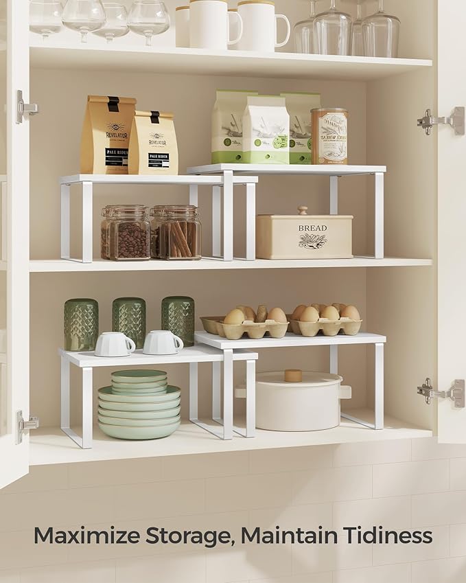 2-Piece Stackable Cabinet Organizer Shelf Set - Expandable Kitchen Spice Rack Storage in White