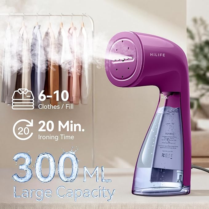HiLIFE Steamer for Clothes, Handheld Portable Design, 1100W Powerful Steam, 300ml Larger Tank & No Leak Tech, 30S Fast Heat-up, Quick Wrinkle Remover, Compact Size for Travel, ONLY 120V-Orchid Purple