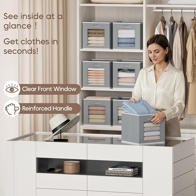 Bins for Closet Organization - Cubby Storage Organizer with Window, Closet Baskets for Shelves, Folding Cubes for Storage, Storage Bins for Home, 11inch, Set of 8, Grey