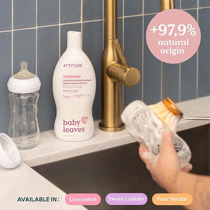 ATTITUDE Baby Bottle & Dish Soap, EWG Verified Bottle Cleaner, Fragrance Free & Dye Free, Removes Milk Residue & Grease, Vegan, Unscented, 23.7 Fl Oz (Pack of 9)