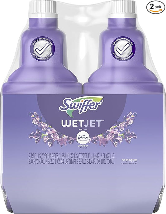 Swiffer WetJet Multi-Purpose Floor Cleaner Solution with Febreze Refill, Hardwood Floor Cleaner, Lavender Scent, 1.25 Liter -42.2 Fl Oz (Pack of 2)