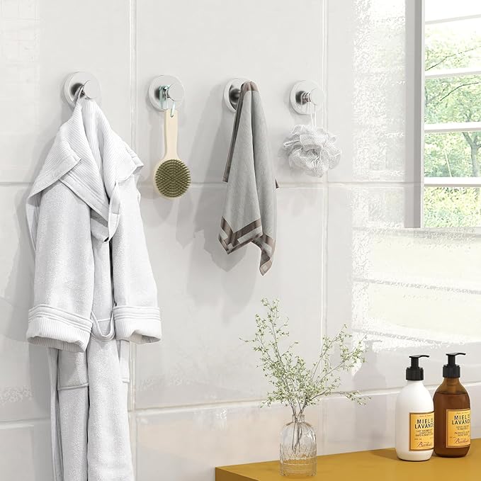 Suction Cup Hooks for Shower, Heavy Duty Towel Hooks for Walls No Damage, Modern Shower Suction Hooks for Kitchen Bathroom Wall, Glass, Mirror, Tile, Hanging Towels Robes, Chrome (2 Pack)
