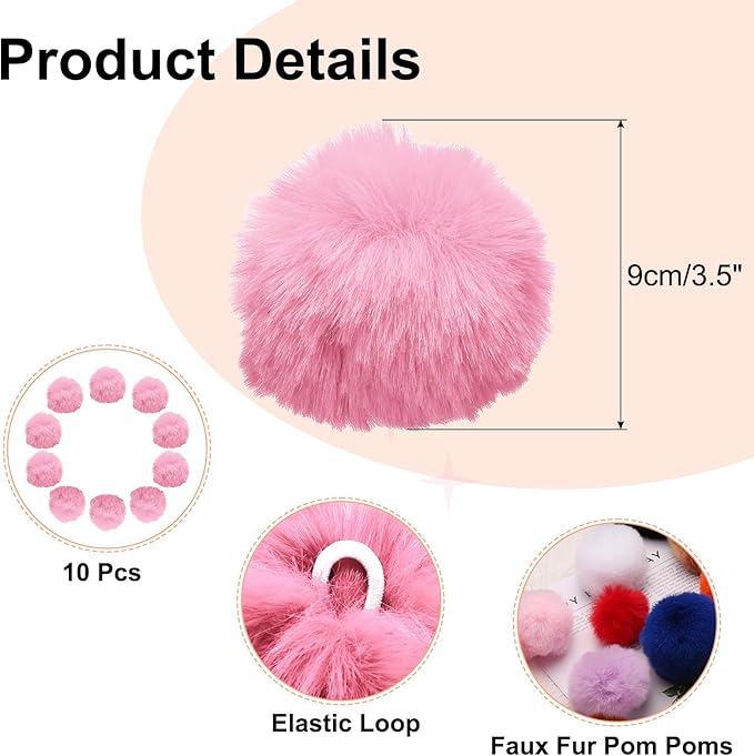 uxcell 3.5 Inch Faux Fur Pom Pom Balls, 10 Pcs Pink Fluffy Soft Faux Fur Pom Poms for Hats with Elastic Loop for DIY Knitting Hats Keychain Scarves Gloves Bags Shoes Accessories
