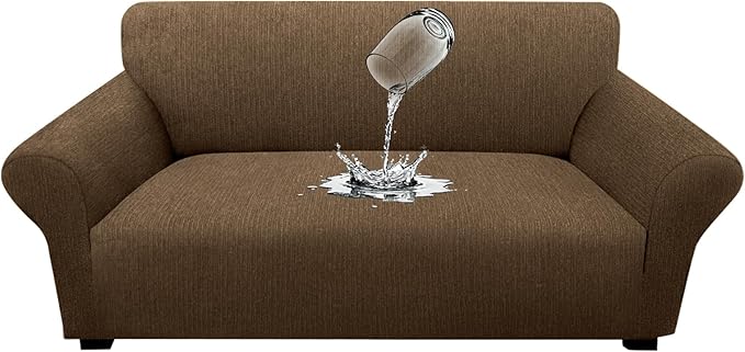 Waterproof Stretch Spandex Loveseat Couch Cover - Non-Slip Soft Sofa Slipcover with Elastic Bottom, Washable Leakproof Furniture Protector for Kids, Pets, Dogs & Cats (Loveseat, Chocolate)