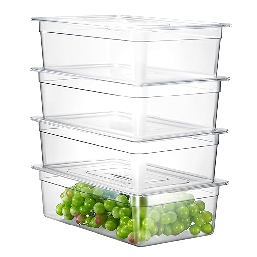 CURTA 4-Pack Full Size 6" Deep NSF Polycarbonate Food Pans with Handled Lids & Drain Trays | Dishwasher & Freezer Safe Clear Container for Prep Tables, Buffet, Salad Bar, Commercial & Home Kitchen