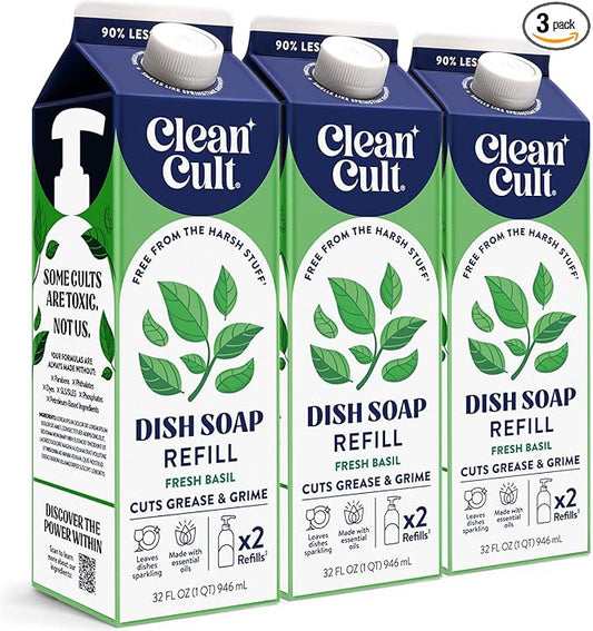 Cleancult Dish Soap Liquid Refills - Plant Based Cleaning Power - Cuts Grease & Grime - Free of Harsh Chemicals - Uses 90% Less Plastic - Fresh Basil - 32 oz/3 Pack