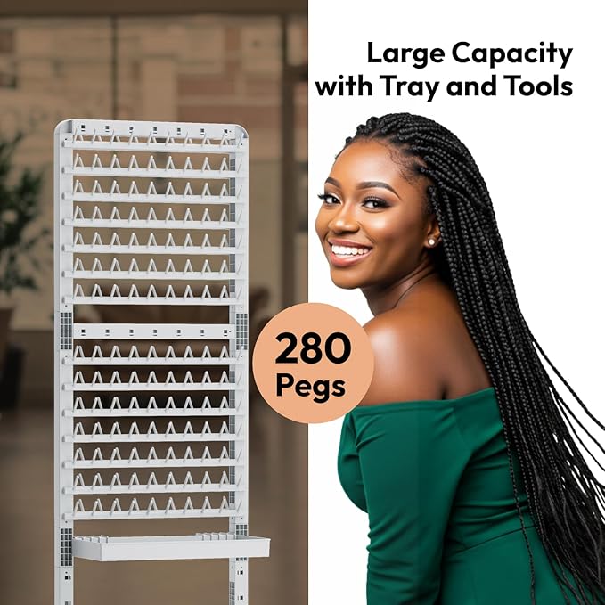 280 Pegs Braiding Hair Rack with Tray and Tools, Height Adjustable, 2-Side Braid Rack with Wheels, Standing Braider Hair Stand Separator Extension Holder Perm Accessories for Salon Home