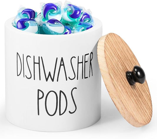 Round Dishwasher Pods Container, Wooden Laundry Pod Holder with Lid, White