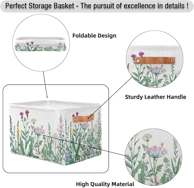 Pardick 2Pack Herbs and Wild Flowers Large Collapsible Storage Bins,Colorful Floral Decorative Canvas Fabric Storage Boxes Organizer,Rectangular Shelves Baskets Box for Home Office Nursery Closet