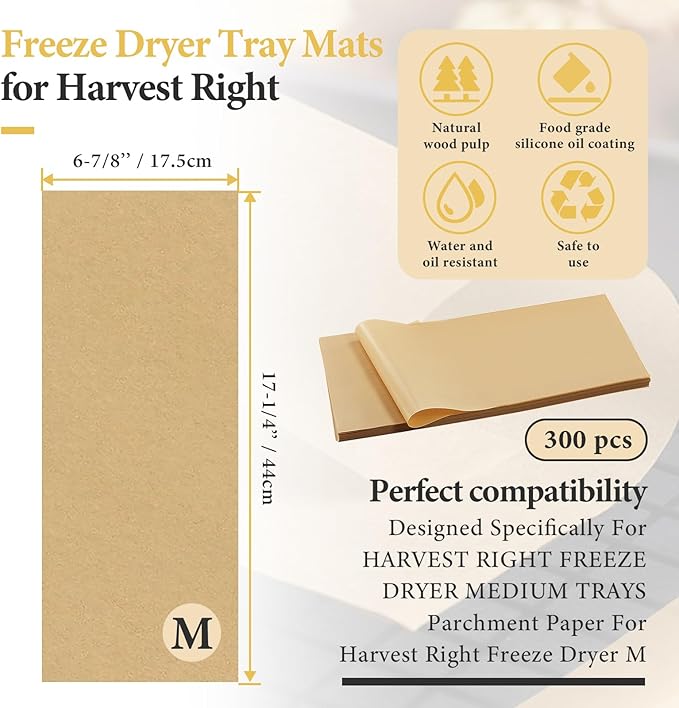 300 PCS Freeze Dryer Tray Mats for Harvest Right Dryer - Freeze Dryer Parchment Paper Set for Medium Trays - Non-Stick Baking Mats One-Off Parchment Paper Harvest Right Accessories (17" x 6.8")