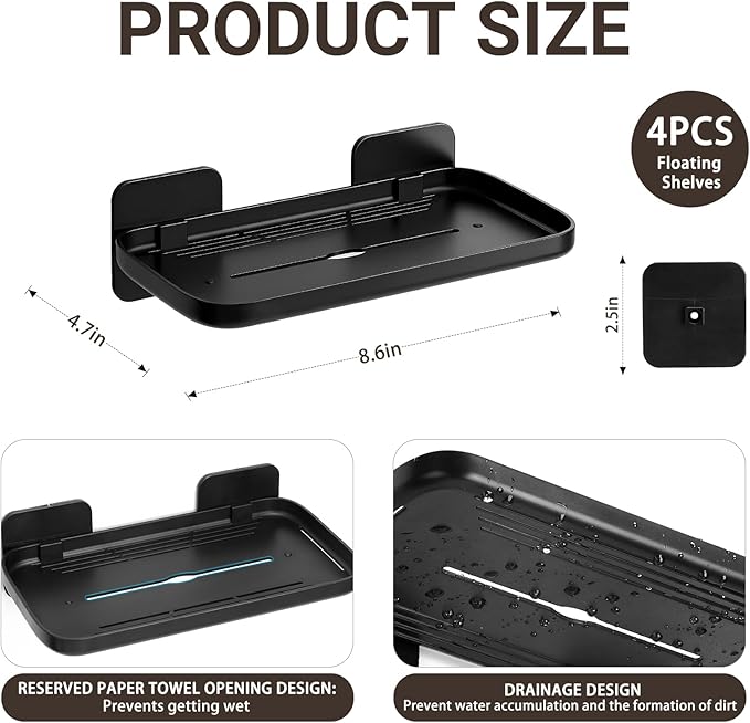 2 Pack Adhesive Floating Shelves No Drill Small Floating Shelf for Wall Storage Damage-Free Wall Mounted Organizer for Bathroom, Kitchen, Bedroom & Office (Black-4pcs)