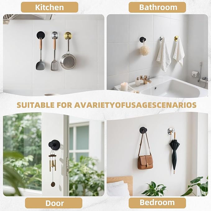 Suction Cup Hooks for Shower Heavy Duty Wreath Hangers for Front Door Waterproof Shower Hooks for Inside, No Drill Adhesive Towel Hooks for Bathroom, Kitchen, Glass Doors, Windows (2, Brushed Nickel)