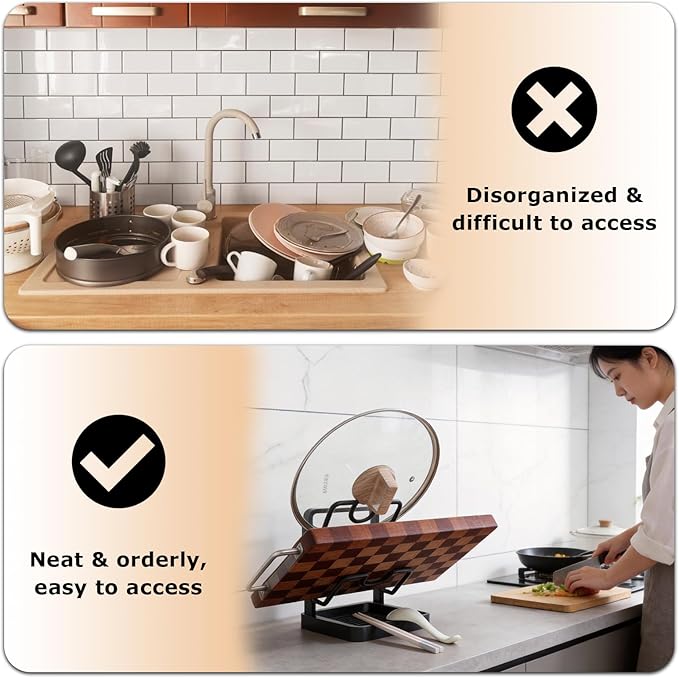 Kitchen Pot Lid Storage Rack, Carbon Steel Pot Lid Holder While Cooking,Countertop Pot Lid Organizer with Tray,Multifunctional Kitchen Utensil Organizer for Spatula,Ladle,Cutting Board (Gray,Double)