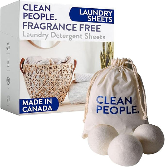 Clean People Ultra Concentrated Laundry Detergent Strips Fragrance Free & 100% New Zealand Wool Dryer Balls - 3 Pack - Plant-Based, Eco Friendly Laundry Detergent 32ct & Dryer Balls 3 Pack