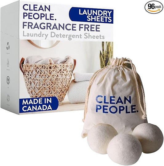 Clean People Ultra Concentrated Laundry Detergent Strips Fragrance Free & 100% New Zealand Wool Dryer Balls - 3 Pack - Plant-Based, Eco Friendly Laundry Detergent 96ct & Dryer Balls 3 Pack