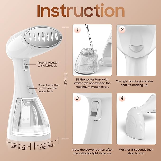 Handheld Portable Garment Steamer for Clothes - 1350W Clothes Steamer Remove Wrinkles for All Fabrics, 15S Fast Heat-Up, Make Clothes Soft & Smooth