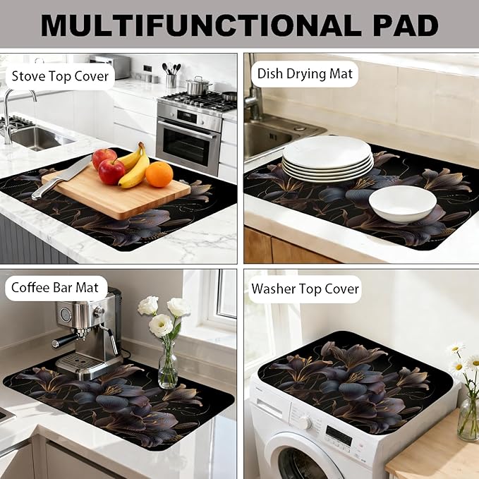 Glass Stove Top Covers for Electric Stove, Heat Resistant Counter Protector Mat, Non Slip Waterproof Surface Cover for Kitchen Counter and Cooktop (Dark Lilies, 28"L x 20"W)