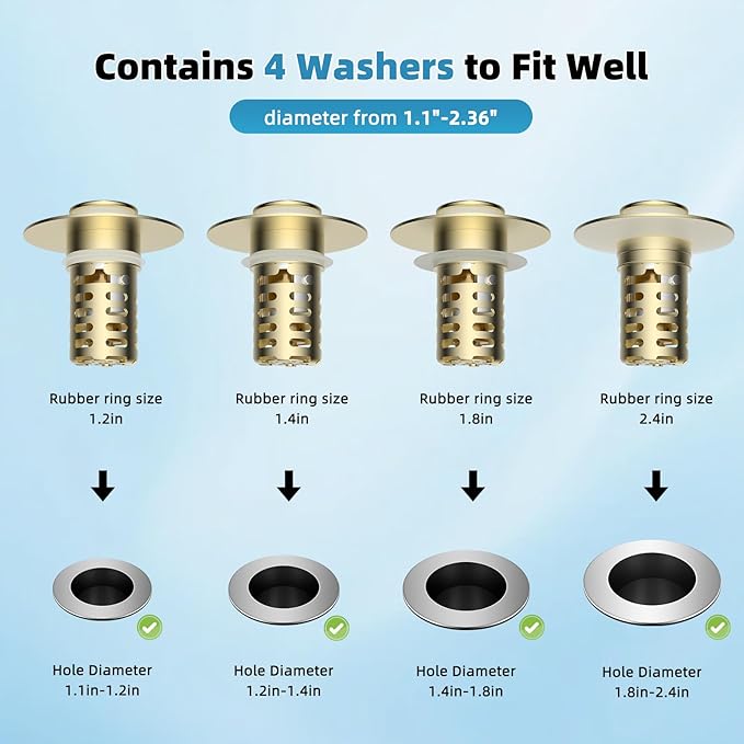 Universal Metal Bathroom Sink Drain Strainer Hair Catcher Upgraded 3 in 1 Pop-up Sink Stopper, with Detachable Stainless Steel Filter Basket, Fit for Standard 1.1''~2.36'' Basin Hole, Brushed Gold