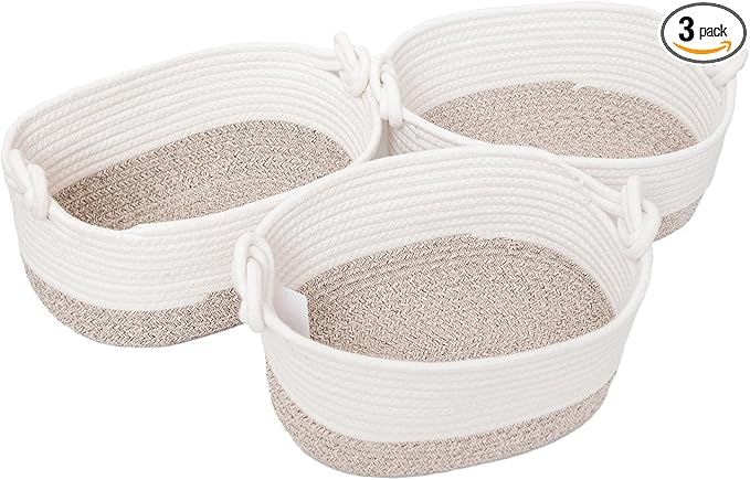 GYASVWU Cotton Rope Baskets for Storage, Woven Basket for Organizing, Decorative Storage Baskets with Handle, Shelf Baskets for Organizing, Toy Organizer/Towel Bin/Gift Basket Empty (Khaki - 3 Pack)