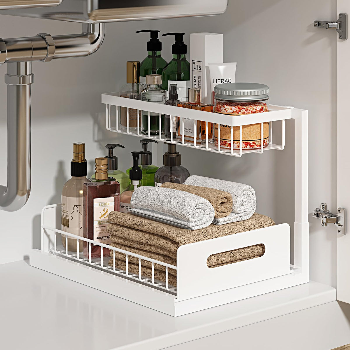 REALINN Under Sink Organizer, L-Shaped 2 Tier Pull Out Cabinet - Image 1