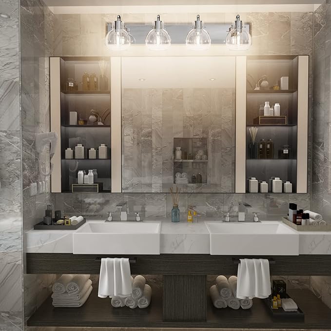 Tipace Chrome Modern Bathroom Vanity Light Fixtures Over Mirror Glass Globe 4 Lights Stainless Steel Vanity Lights Farmhouse Bath Lighting(Exclude Bulb)