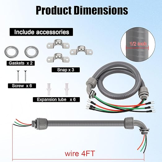 1/2Inch Power Whips Assembly, 4FT Nonmetallic Liquid Tight Flexible Conduit Wire with 3 Conductors 10 Gauge THHN Electrical Wires, A/C Hook-up Whip Kit Electrical Wire(4FTx1/2Inch)