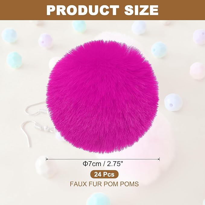 PATIKIL Faux Fur Pom Poms for Hats, 24 Pcs Fluffy Soft Fur Poms Balls with Elastic Loop for Keychain Knitting Hats DIY Scarves Gloves Bag Christmas, Rose Red