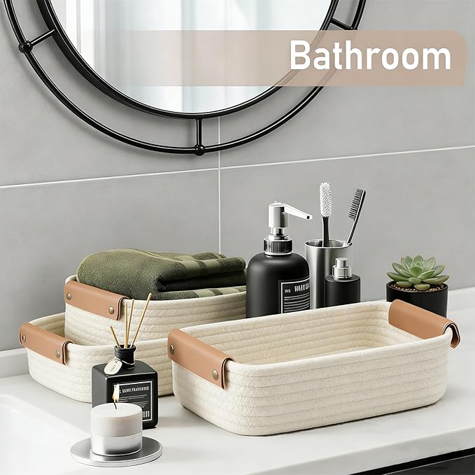 SVNR Beige Storage Baskets Set of 5, Woven Rope Shelf Bins for Organizing - Durable Cube Organizers for Closet, Nursery, Bedroom, Toy Storage with Handles, Modern Home Decor