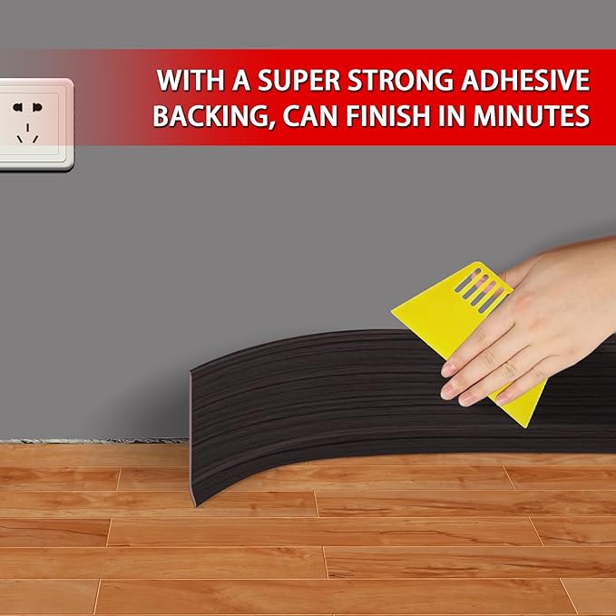 FONUNO Vinyl Wall Base Baseboard Molding Trim 4" Flexible Self Adhesive Rubber Wall Base Moulding Trim Peel and Stick Design, 4 Inch x 20 Feet, Black Walnut Wood Grain