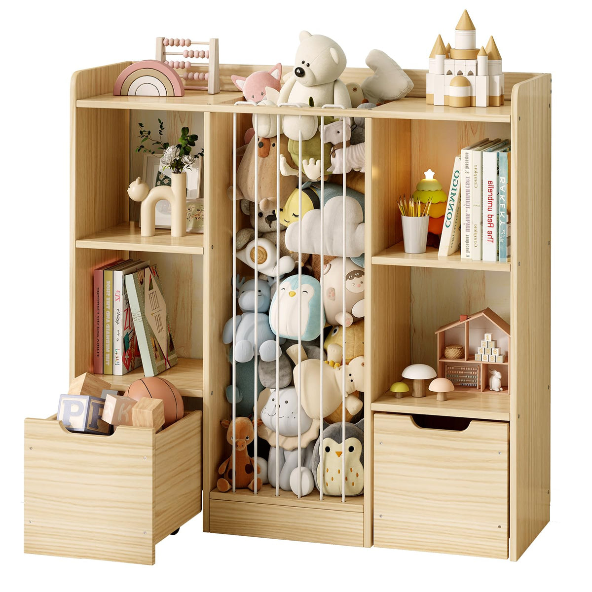 Toy Storage Organizer with Stuffed Animal Storage, Solid Pine - Image 1