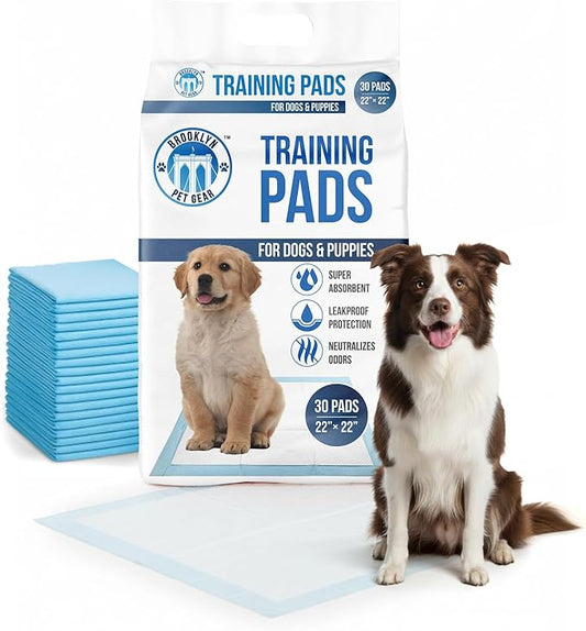 Training Pads for Dogs & Puppies, Super Absorbent, Leak-Proof Protection, Odor-Neutralizing, Disposable Puppy Pads Essentials 22"x22" 30 Count - BROOKLYN PET GEAR