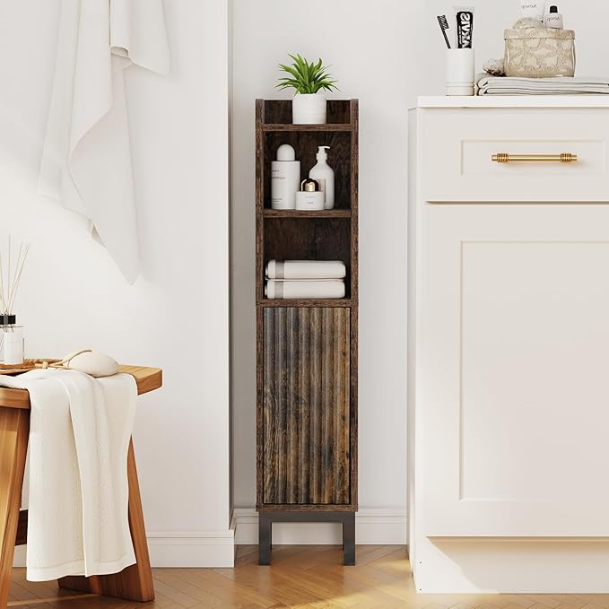 Small Bathroom Storage Cabinet, Corner Floor Narrow Toilet Paper Cabinet with Door and Shelves,Bathroom Organizer with Adjustable Shelf, for Small Spaces (Rustic Brown)
