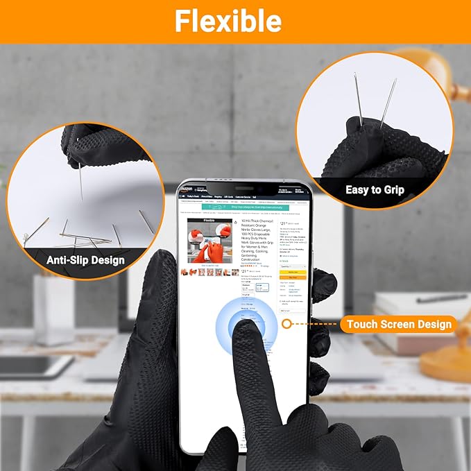 100 PCS 8 Mil Thick Black Nitrile Gloves Large for Women & Men, Disposable Chemical Resistant Latex Free Black Work Gloves Men Heavy Duty for Kitchen Cooking, Cleaning, Gardening