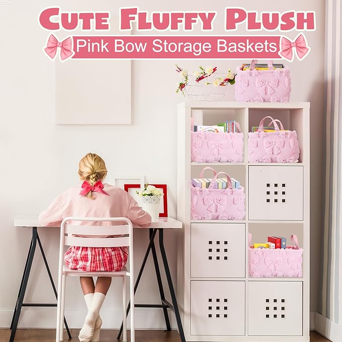 2 Pcs Pink Bow Storage Baskets 14x10 Inch Easter Gifts Baskets Laundry Foldable Fluffy Storage Bin with Handle Spring Coquette Decor Closet Organizer for Countertop Tabletop Shelf