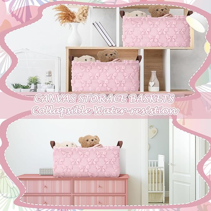 Kathfly 3 Pcs Bow Foldable Storage Baskets Pink Bow Plush Faux Fur Jacquard Design Laundry Basket with Handles Waterproof Storage Bins Fabric Shelf Baskets for Organizing Closet Clothes
