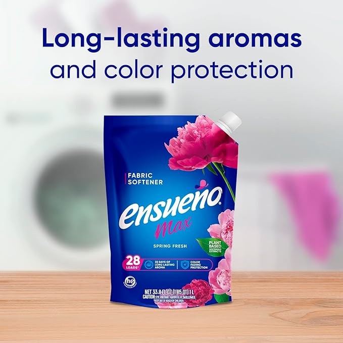 Ensueño Max Liquid Fabric Softener - Spring Fresh Scent - (4 Pack) 33.8 fl oz - Color-Safe Fabric Softener Liquid - Softens 112 Loads - Reduces Wrinkles & Static