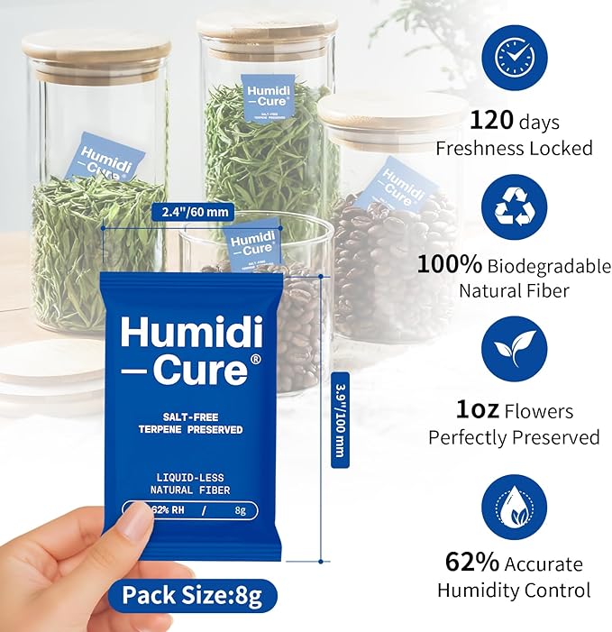 Humidi-Cure 62% RH 2-Way Humidity Packs, Size 8g, 20 Packs, Moisture Absorbers for Storing 1 oz Herbs, Humidity Control Packs Preserving Aroma and Flavor with Liquidless Plant-Fiber, Salt-Free