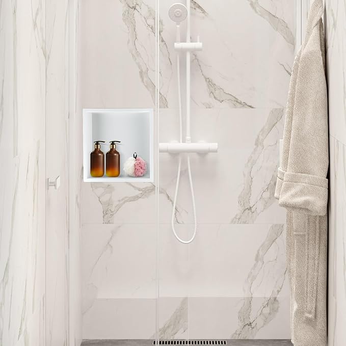 12"×12" Stainless Steel Shower Niche, Recessed Shower Caddy, Bathroom Shelf Insert Fits for 11"x11" Wall Hole Installation (Matte White)