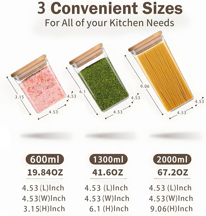 Square Storage Containers with Lids, Clear Food Storage Container Jar with Sealing Bamboo Lid for Noodles Flour Cereal Rice Sugar Tea Coffee Beans (20oz*3/40oz*2/67oz*1)