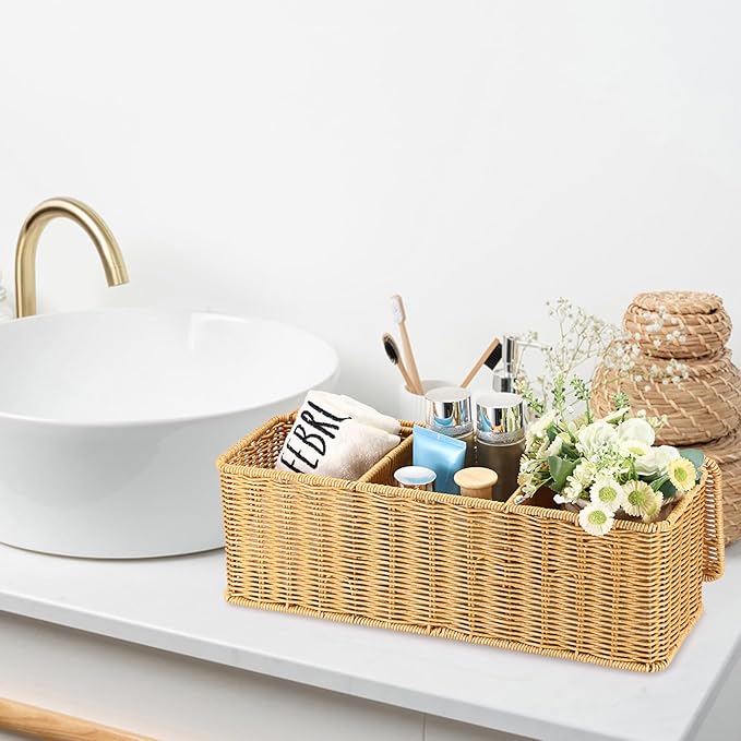 Sumnacon Wicker Storage Basket with Lid, Rectangular Narrow Baskets for Bathroom, Farmhouse Imitation Rattan Bin with Dividers, Decorative Handwoven Tray Organizer for Countertop Shelves Toilet Tank