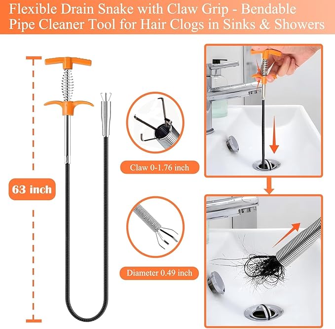 Drain Snake, Drain Clog Remover - Gutter Cleaning Tools Drain Cleaner for Toilet Sewer Shower Kitchen Bathroom Tub Clogged Drains Opener Cleaning Tool, Flexible Grabber Claw Pick Up Reacher (63 inch)