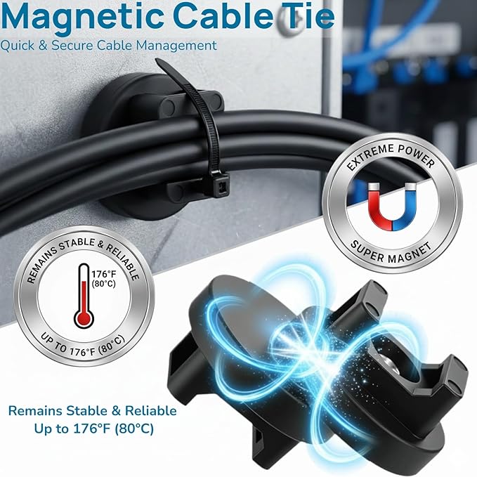 Magnetic Cable Ties Set, 25 Magnetic Zip Tie Mounts with 200 Cable Ties, Strong Wire Holder Cables Management, Multipurpose Electrical Cord Management Cord Holders Organizer (31mm)