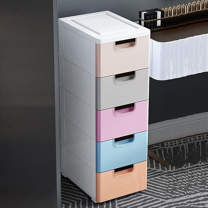 5 Drawer Stackable Storage Tower,Plastic Drawers Dresser,Narrow Rolling Storage Cabinet for Livingroom Bedroom,Colored