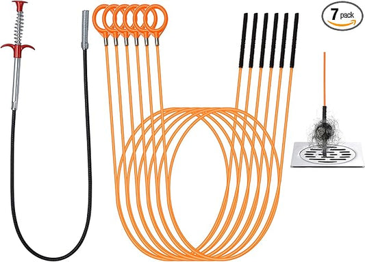 51inch Drain Hair Remover(6pack),34inch Drain Clog Remover(1pack),Drain Auger Cleaner Tool Set For Toilet, Kitchen Sink, Bathroom Tub, 7 Pack