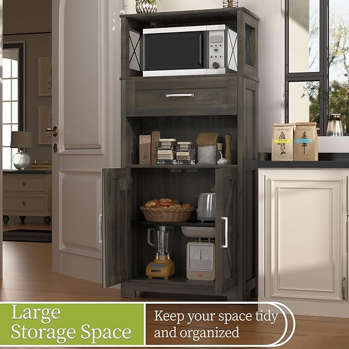 55" Tall Kitchen Pantry Cabient with 2 Microwave Stands, Farmhouse Pantry Storage Cabinet with Barn Doors and Large Drawer, Rustic Freestanding Cupboard for Kitchen and Dining Room (Dark Grey)