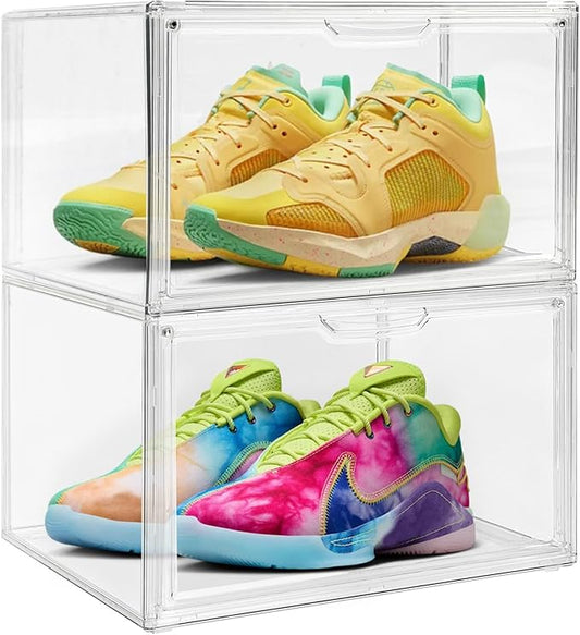 2 Pack Clear Acrylic Sneaker Shoe Display Case,Shoe Storage Boxes Stackable,Acrylic Boxes for Shoes Display with Lid,Boot Storage Organizer for Tall Boot,Purse Handbag Organizer for Closet