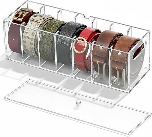 Acrylic Belt Organizer, Belt Organizer for Drawer with Lid and Handle Dustproof 7 Compartments 2 in 1 Beltbox Hangable Sock Storage Durable for Storing Ties in Wardrobes and Drawers