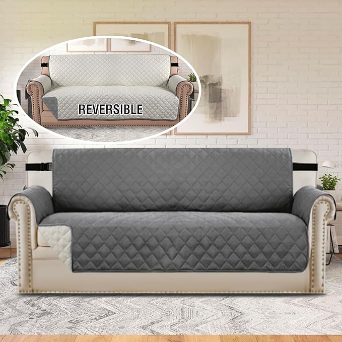H.VERSAILTEX Reversible Sofa Cover Couch Cover for 3 Cushion Couch Water Resistant Sofa Cover for Living Room Quilted Furniture Washable Couchs Protector(Oversized Sofa, Charcoal Grey)